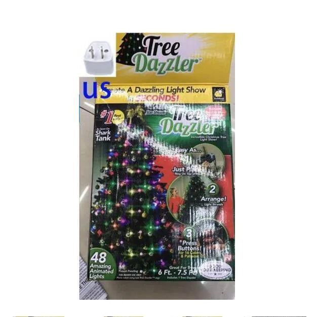 64 LED Christmas tree light string stretched out showing its 1.8 metre length and button control for dimming and colours.