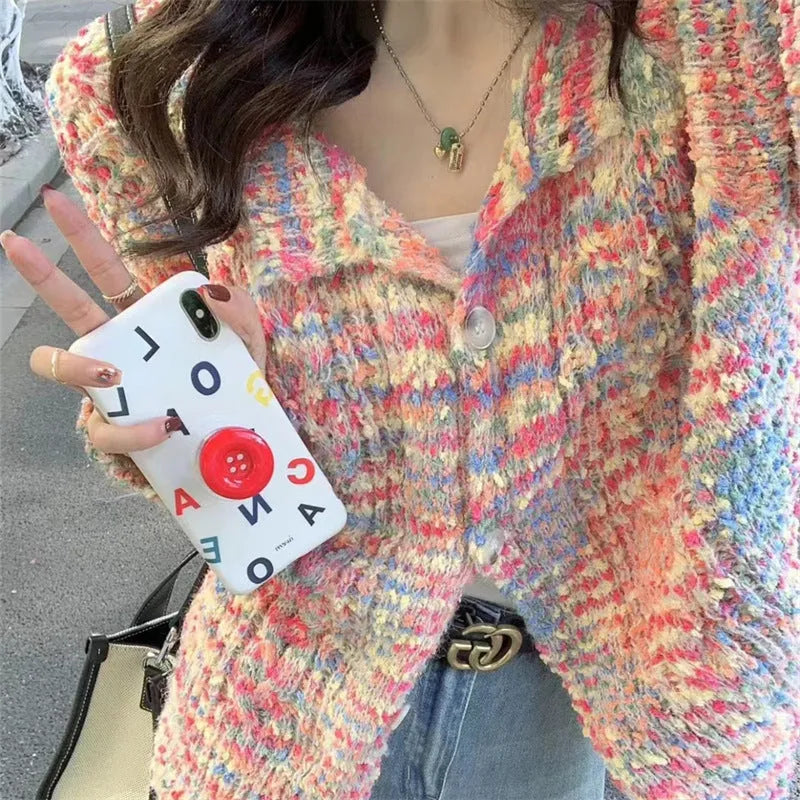 Rainbow patterned knitted cardigan sweater in green colour with toothbrush hair texture