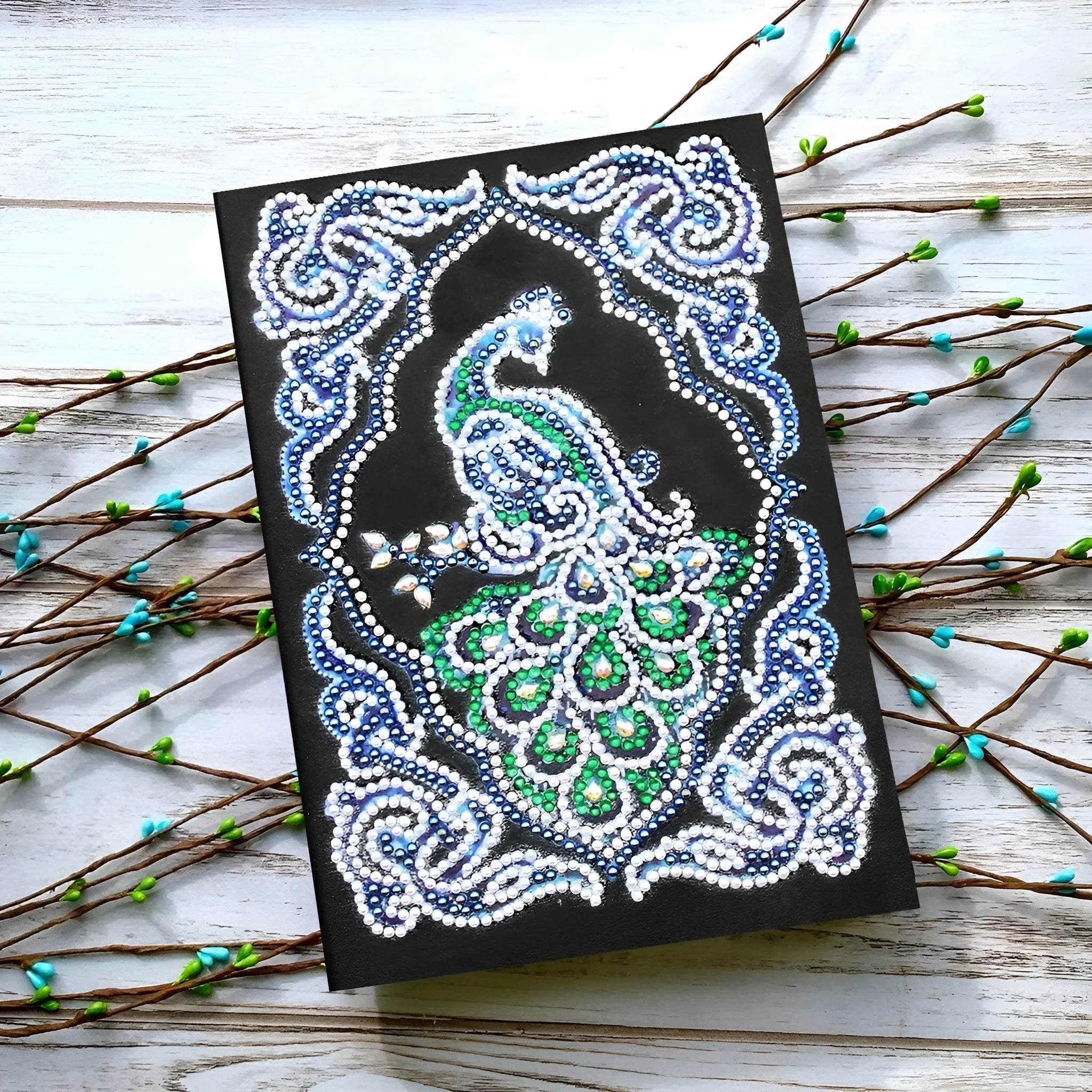 Black A5 diamond painting notebook for peacock art with shaped and bright drill decoration