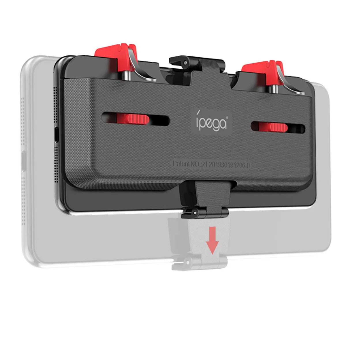 Black PG-9137 mobile phone gaming trigger stand with adjustable metal trigger and telescopic phone clip.