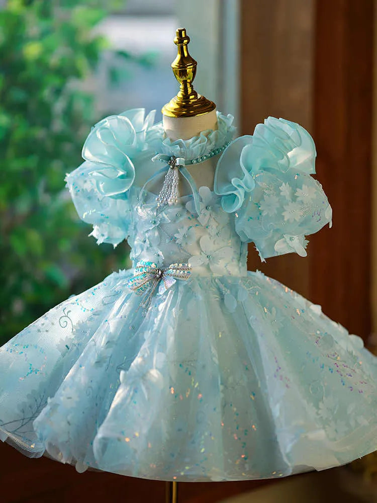 Girls' princess dress blue green colour light luxury evening style for girls 100-160cm