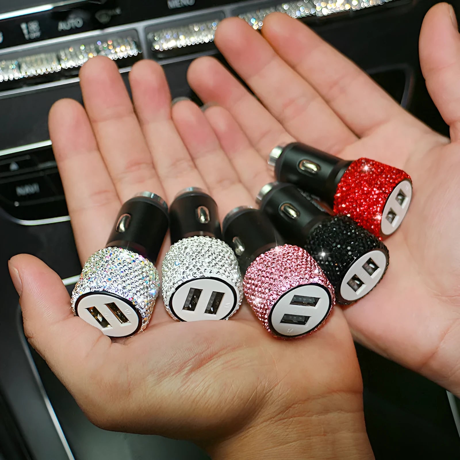 Diamond-pattern car charger adapter for cigarette lighter socket in red, white, black, pink, AB, and suit colours.