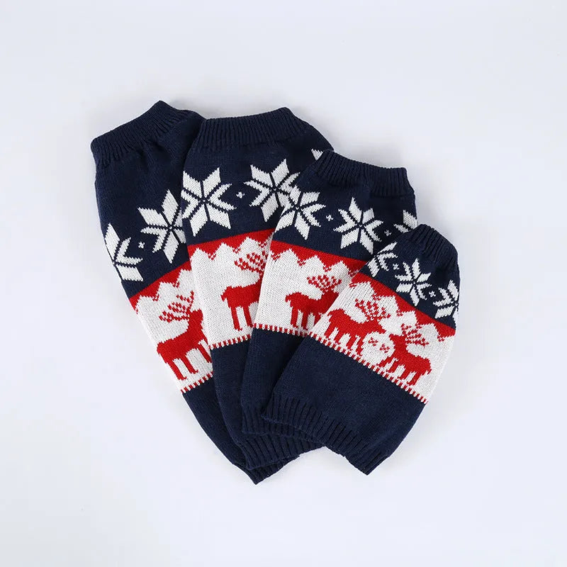 Navy blue knitted Christmas sweater for dogs on a pet mannequin showing front design