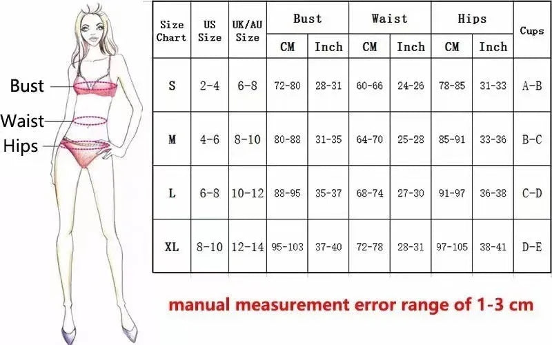 Ladies' one-piece swimsuit bikini in black, rose red, and green colours on a size chart