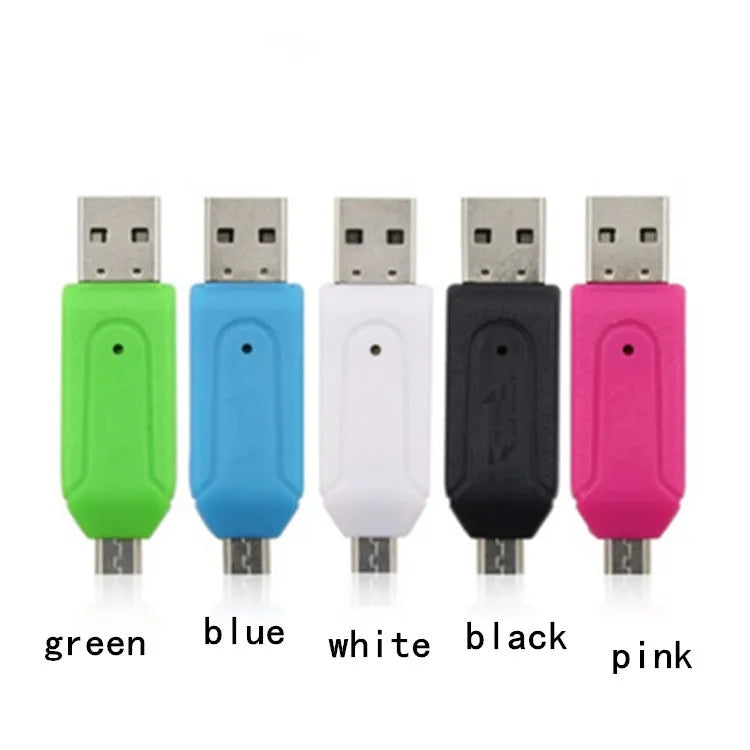 White OTG memory card reader with USB and micro USB connectors for phones and computers.