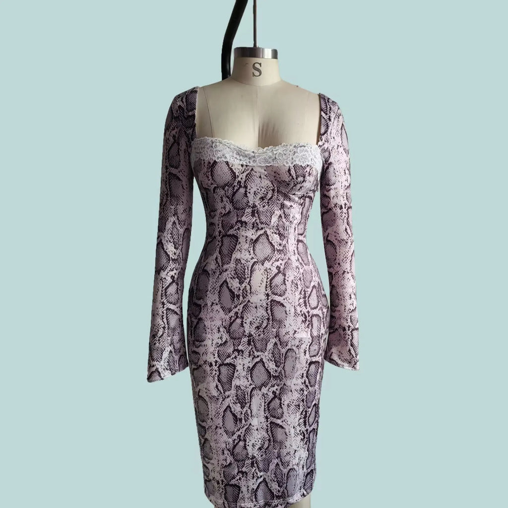 Grey digital printed lace dress with 3D pattern, slim fit, A-line skirt, and long sleeves