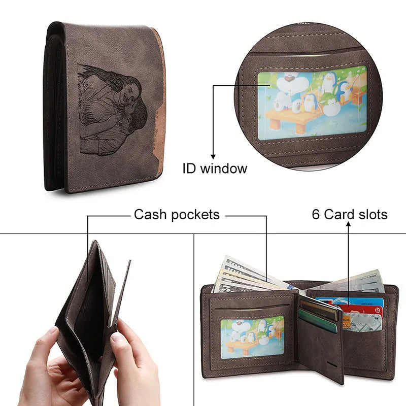Coffee colour engraved horizontal short wallet showing seven card slots and custom text personalisation option