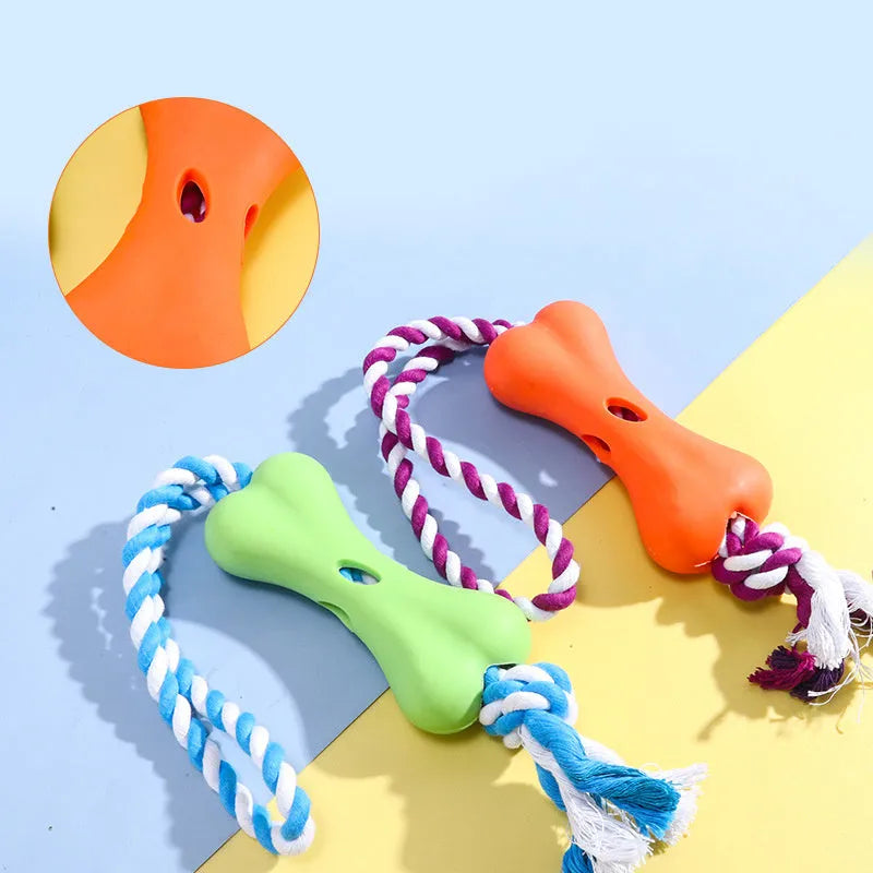 Green porous bone-shaped rope dog toy with knotted texture for chewing and treat hiding