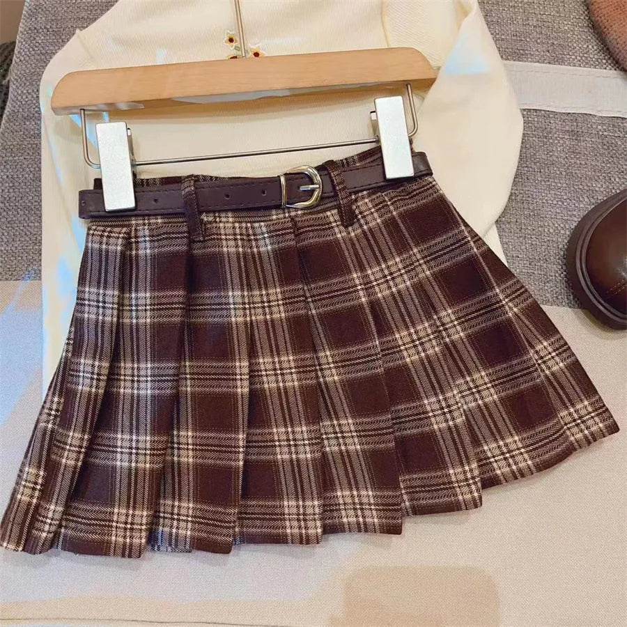 Girls plaid pleated A-line skirt in cotton blend fabric available in six height sizes