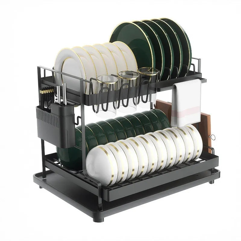 White double-layer kitchen storage rack with removable draining base showing utensil organisation