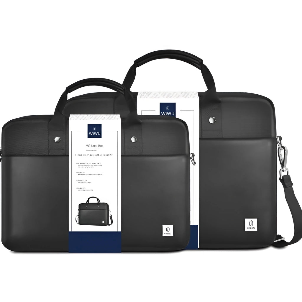Black Oxford cloth laptop backpack with multiple organisational pockets and a lock, shown with a laptop.