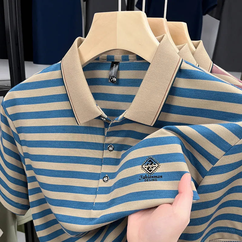 Men's striped casual polo shirt with mosaic pattern in lightweight polyester fabric