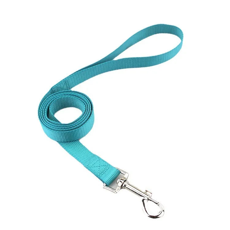 Solid colour nylon dog leash rope in blue showing hand-holding grip and length