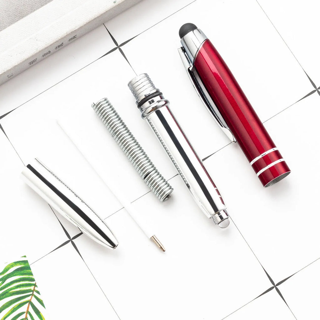 Multifunctional metal pen with capacitive stylus tip, LED light, and five colour options for office use