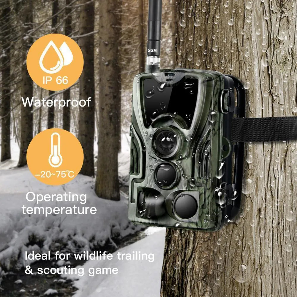 Green cellular trail hunting camera with night vision LEDs and mounting strap