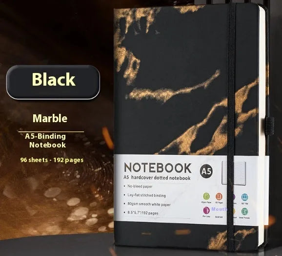 A5 soft touch PU leather notebook open on lined pages, shown in multiple colour options.