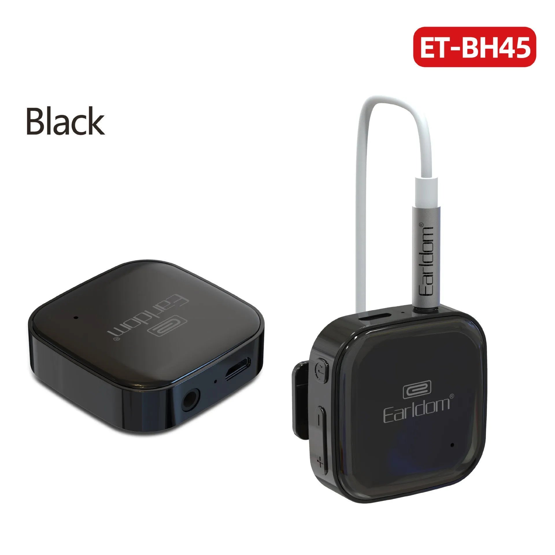 Black Bluetooth lavalier headset audio receiver unit with a 3.5mm headphone jack.