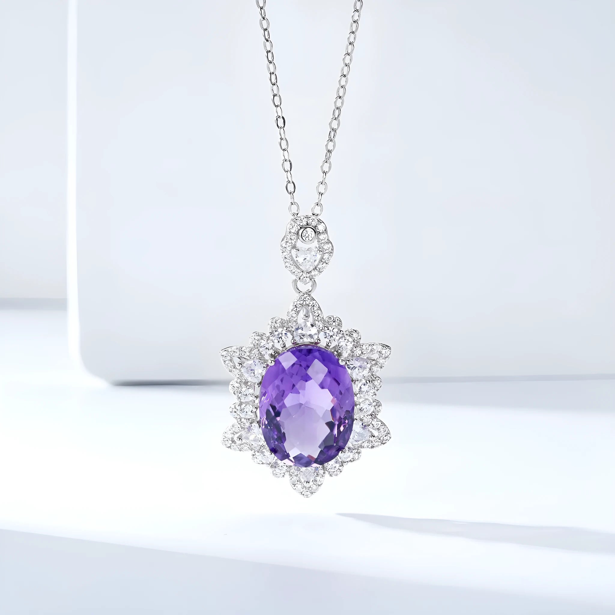 Natural amethyst necklace in 925 silver, geometric pendant, chain length 40+5cm, white silver colour