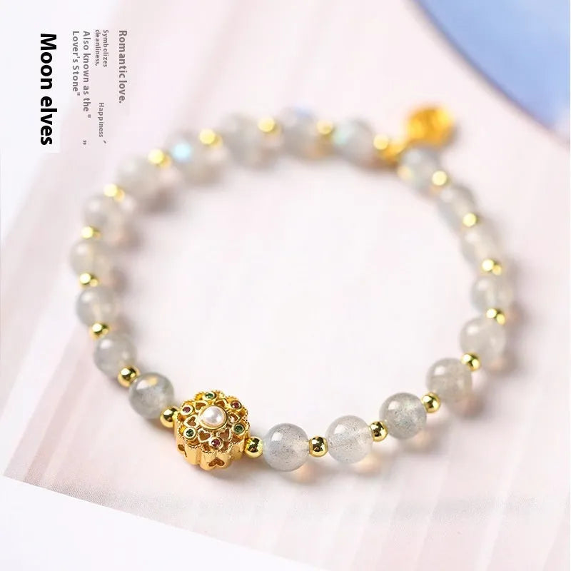 Hand-woven crystal bracelet with gray moonstone, sunstone, and strawberry quartz 6mm beads