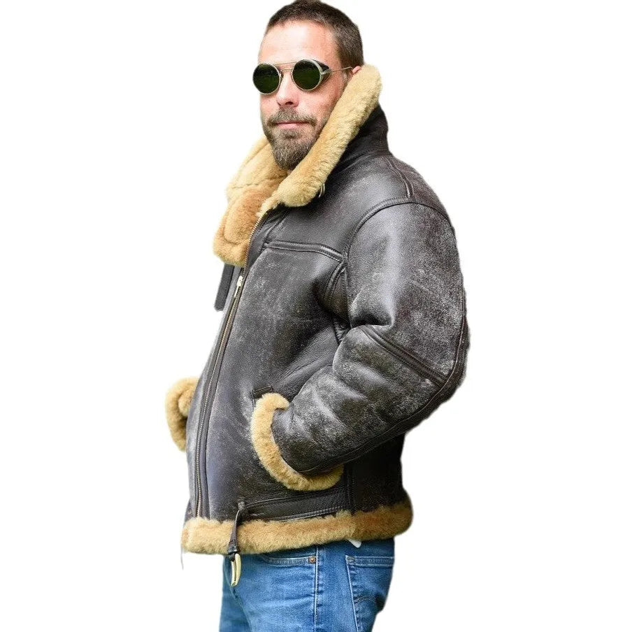 Men's brown retro fur coat with synthetic leather trim, medium length straight hem, and side seam pockets