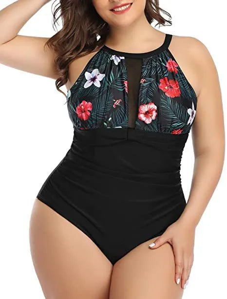 Women's one-piece lace swimsuit in polyester available in black, stripes, or red flower patterns