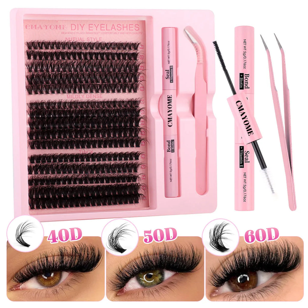 DIY false eyelash extension kit showing single cluster segments and professional tweezers for custom application