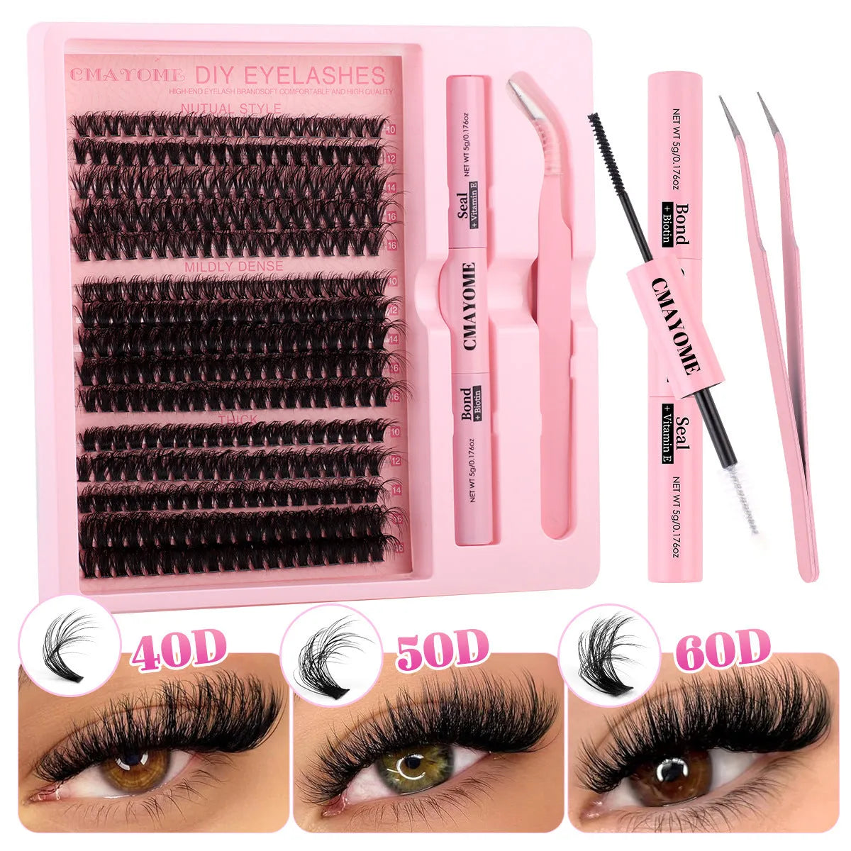 DIY false eyelash extension kit showing single cluster segments and professional tweezers for custom application