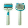 Blue and green dual-sided pet grooming brush with a deshedding rake and dematting comb.