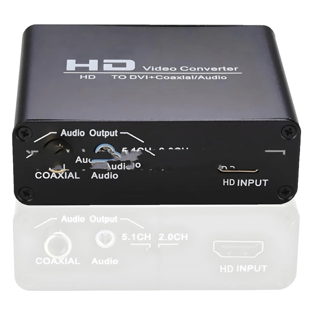 Black HDMI to DVI converter unit with attached cable and coaxial audio output port.