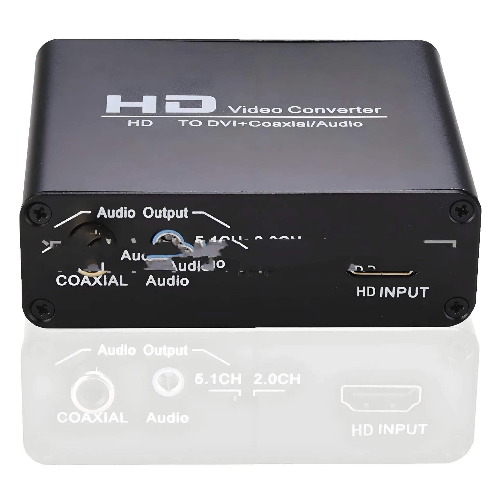 Black HDMI to DVI converter unit with attached cable and coaxial audio output port.