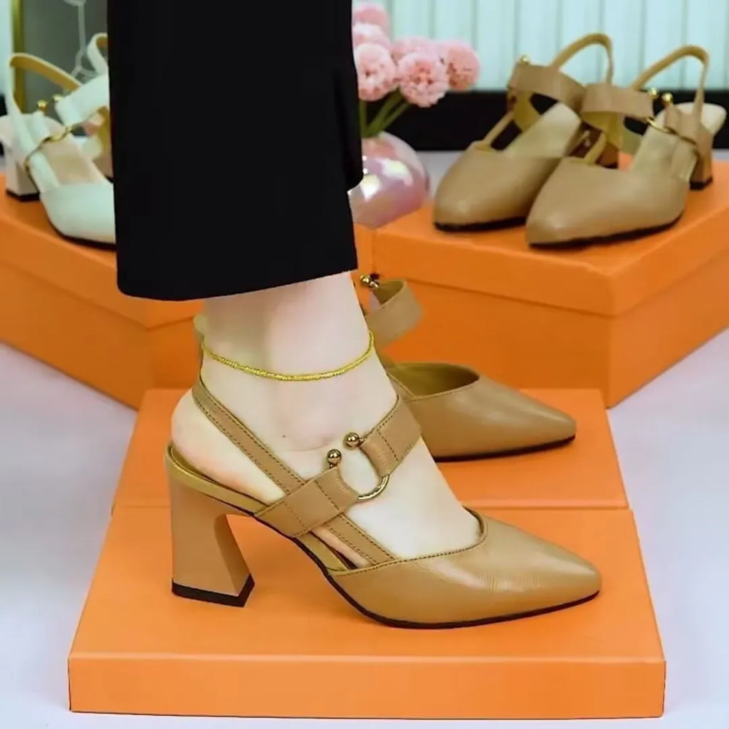 Women's apricot leather closed toe sandals with a chunky heel and oversleeve back.