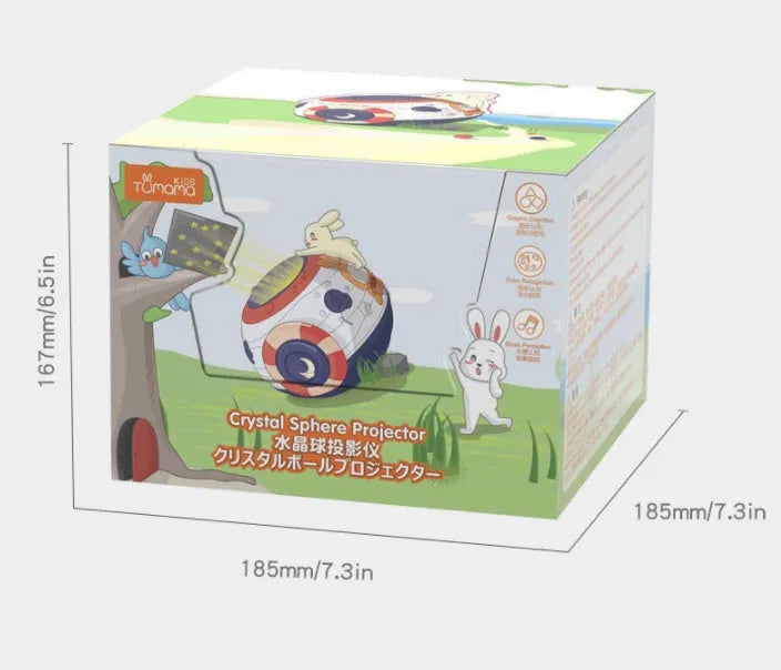 White starry sky night light projector for children on a table, showing colourful light projection.