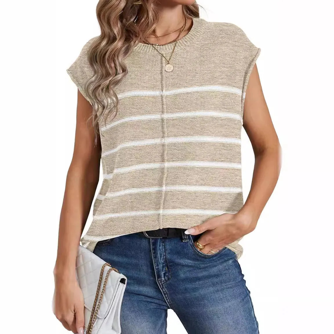 Women's striped sleeveless pullover vest with bone stitching in multiple colour options
