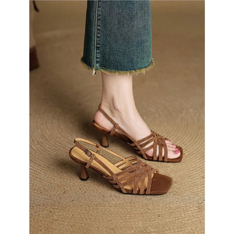 Retro soft leather women's sandals with thin cross straps, square toe, and a mid-height block heel