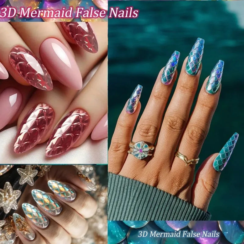 Box of 3D scale long shaping artificial nail tips for manicures.