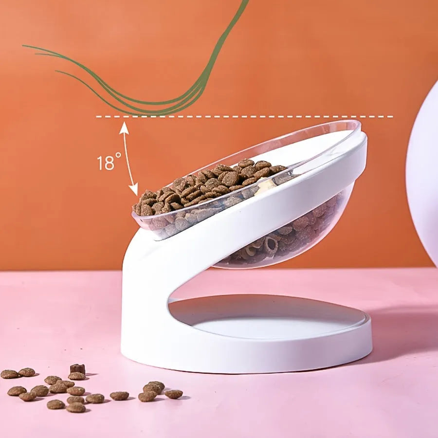 White elevated clear plastic cat food bowl with tilted design for anti-vomit feeding