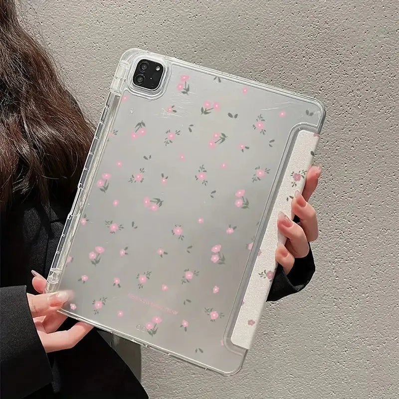 Transparent floral patterned iPad case with tri-fold magnetic stand open