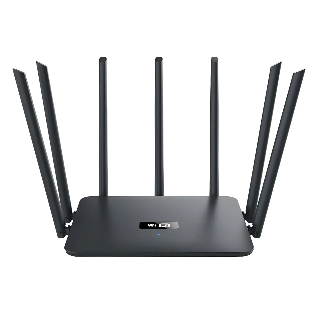 Black and white dual-band 5G gigabit Wi-Fi router with multiple antennas for home through-wall coverage.