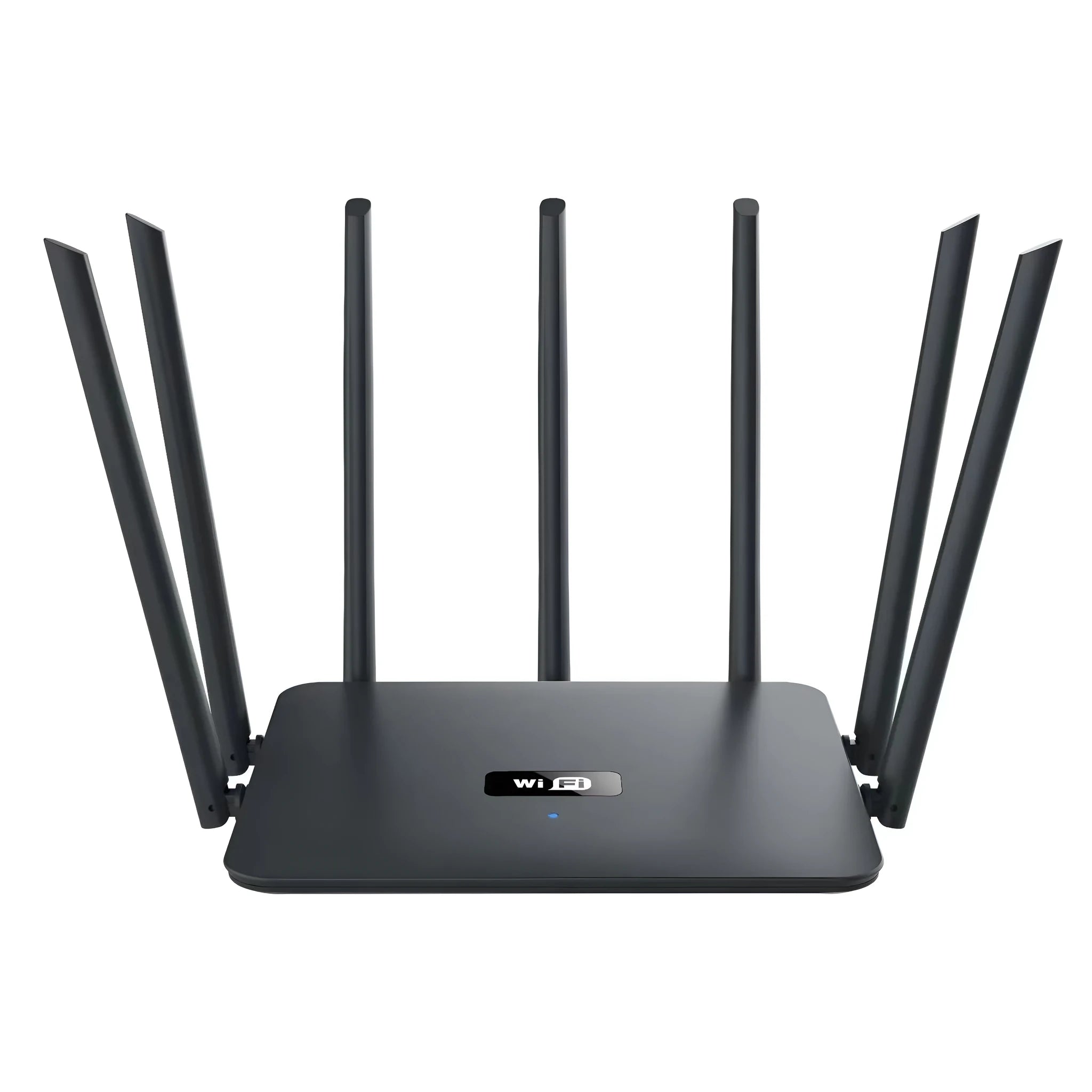 Black and white dual-band 5G gigabit Wi-Fi router with multiple antennas for home through-wall coverage.