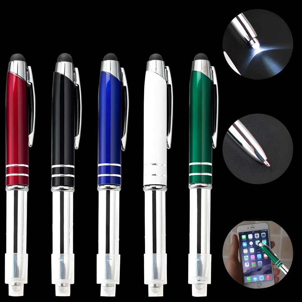 Multifunctional metal pen with capacitive stylus tip, LED light, and five colour options for office use