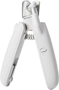 White pet nail clippers with LED light on blade and transparent anti-splash guard, shown with a nail file.
