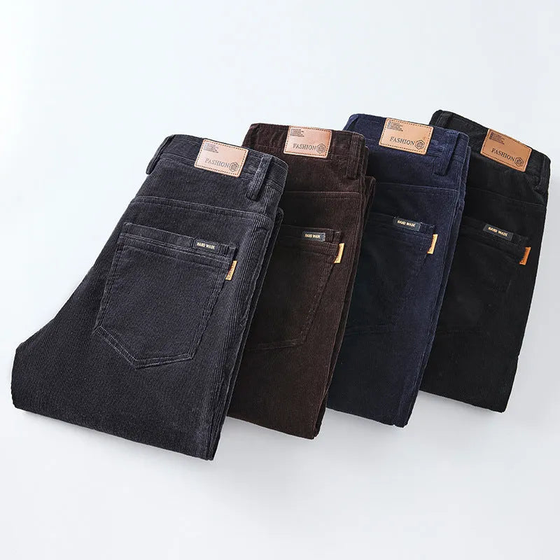 Men's slim fit straight corduroy trousers in black, cotton fabric, mid waist, micro elastic, size 28-40