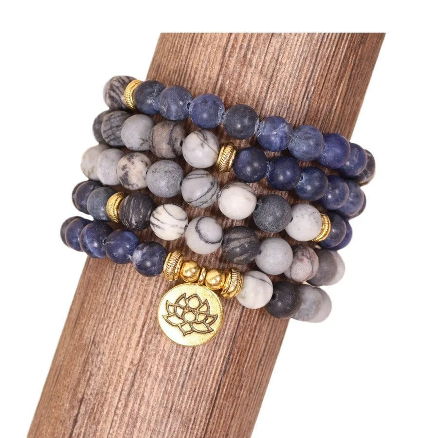 Blue patterned network stone bead multi-layer bracelet with alloy components