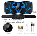 Blue EMS abdominal muscle stimulator belt with wireless remote control and rechargeable fitness system