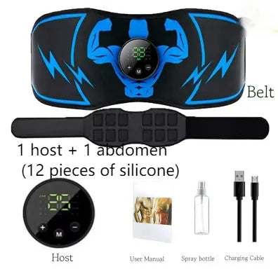 Blue EMS abdominal muscle stimulator belt with wireless remote control and rechargeable fitness system