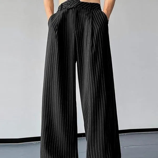 Men's black vertical striped pleated casual trousers showing front design and fabric texture