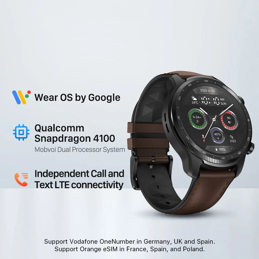 Ticwatch Pro X 47mm smartwatch with round display showing fitness metrics and call interface