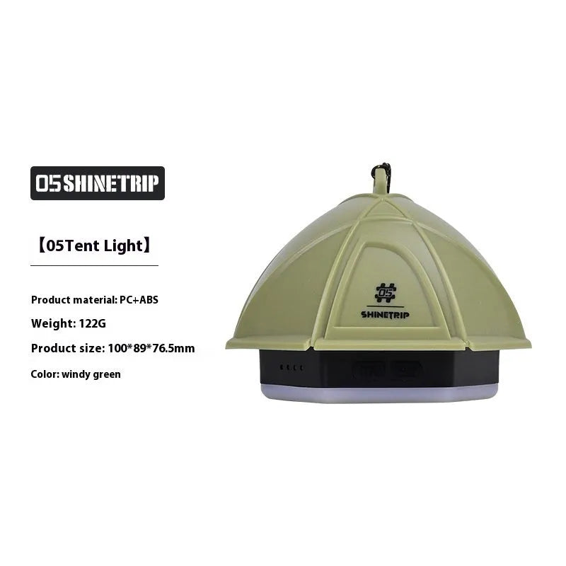 Dark green camping tent light with analog brightness dial, shown at 10.5cm tall.