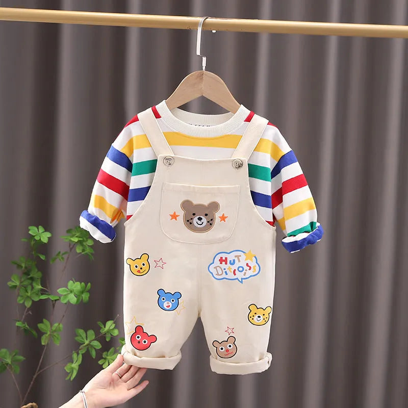 Boys' plaid top overalls suit in yellow and milky white cotton shirt and pants set for heights 80-120cm
