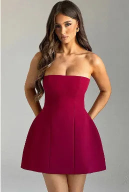 Women's backless tube dress in solid colour with A-line skirt and high waist